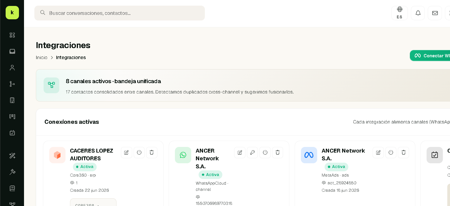 Pantalla de Integraciones